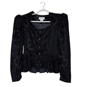 Vintage Gunne Sax Jessica McClintock Black Velvet Glitter Peplum Jacket Size XS